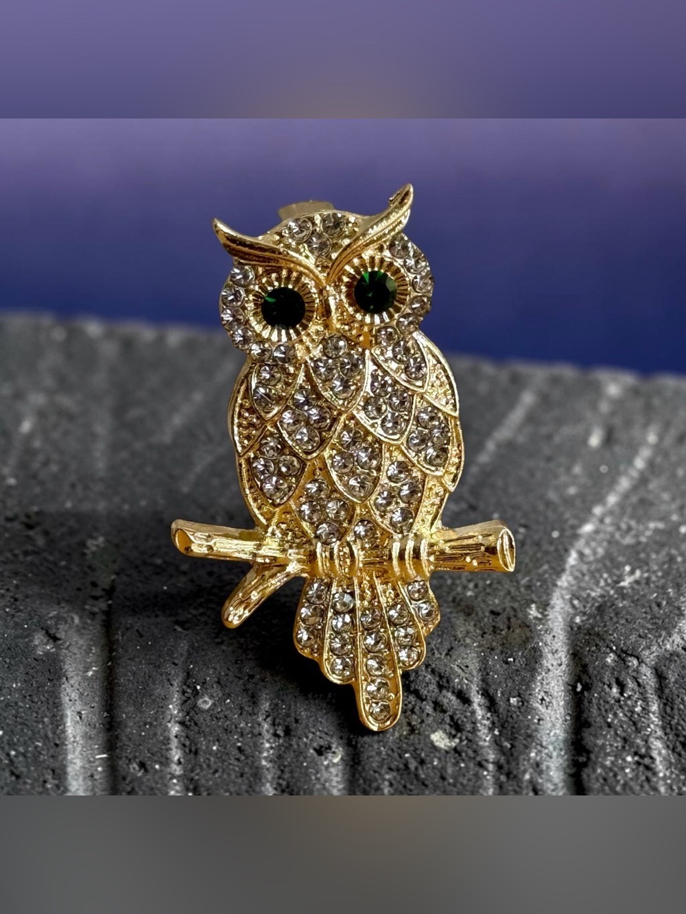 Vintage Style Gold Tone Owl Sparkling Rhinestone Brooch with Green Eyes